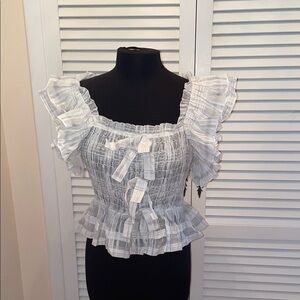 NWT Ulla Johnson Plaid Ruffle Smocked Top side zipper cotton front  bows size 2